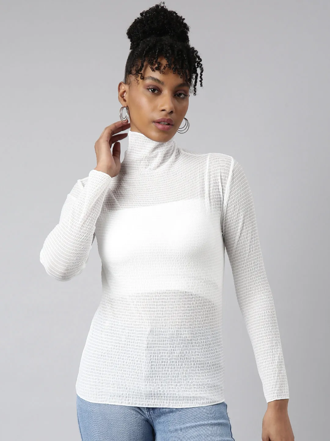 Women White High Neck Fitted Top