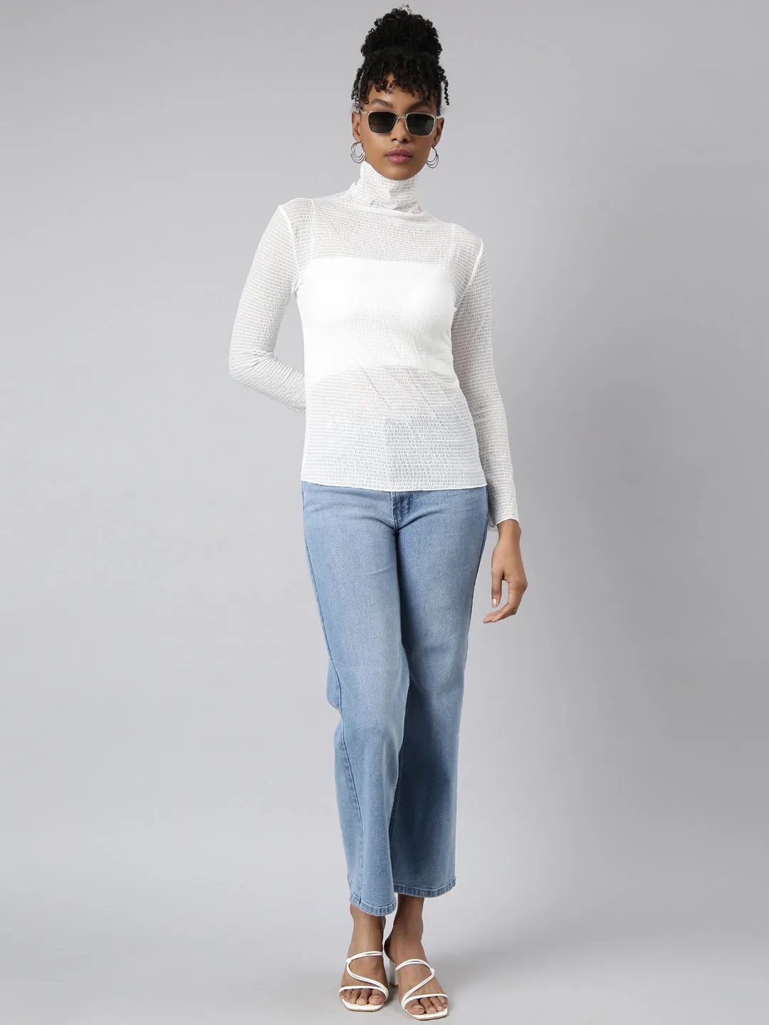 Women White High Neck Fitted Top