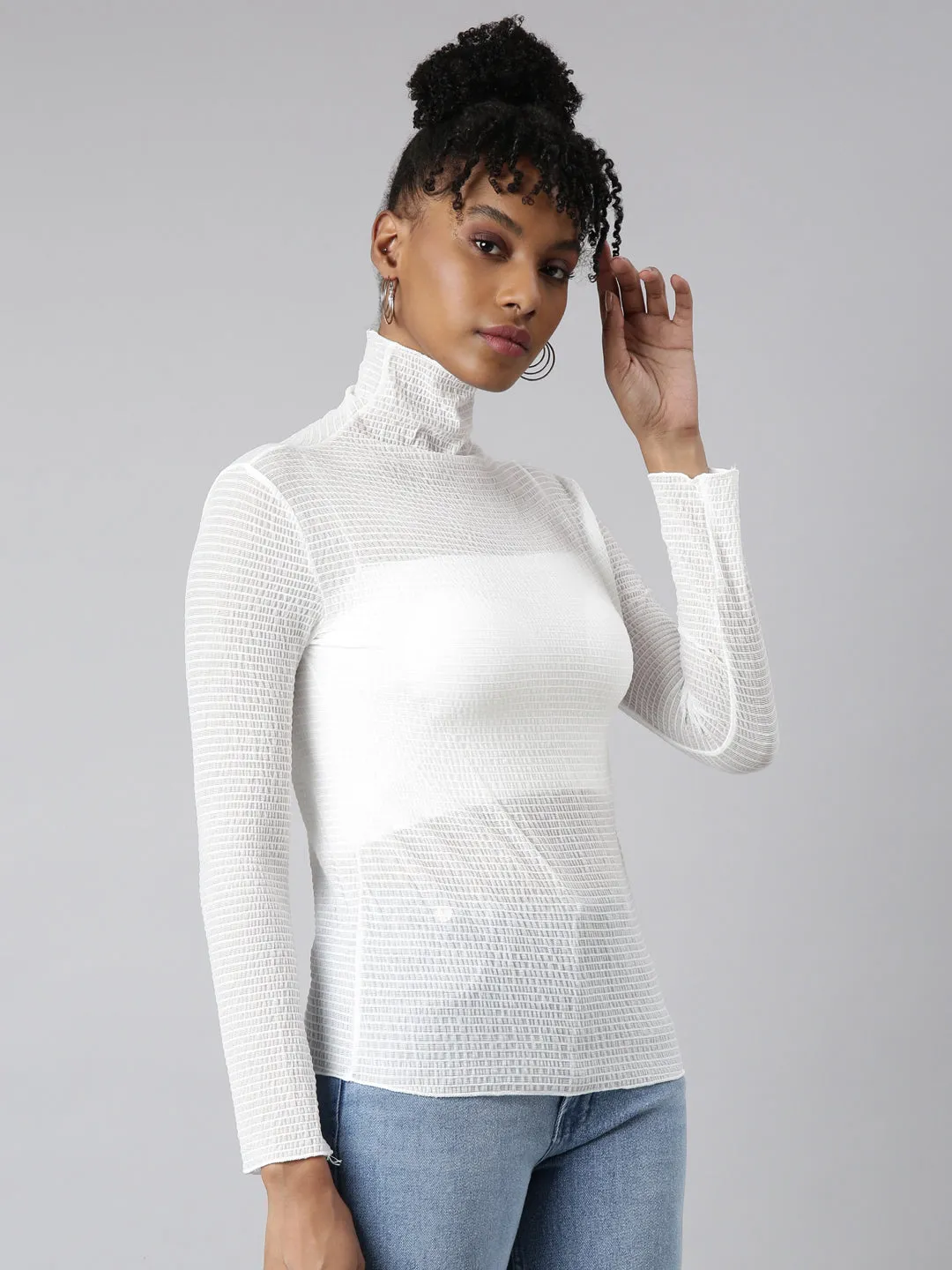 Women White High Neck Fitted Top