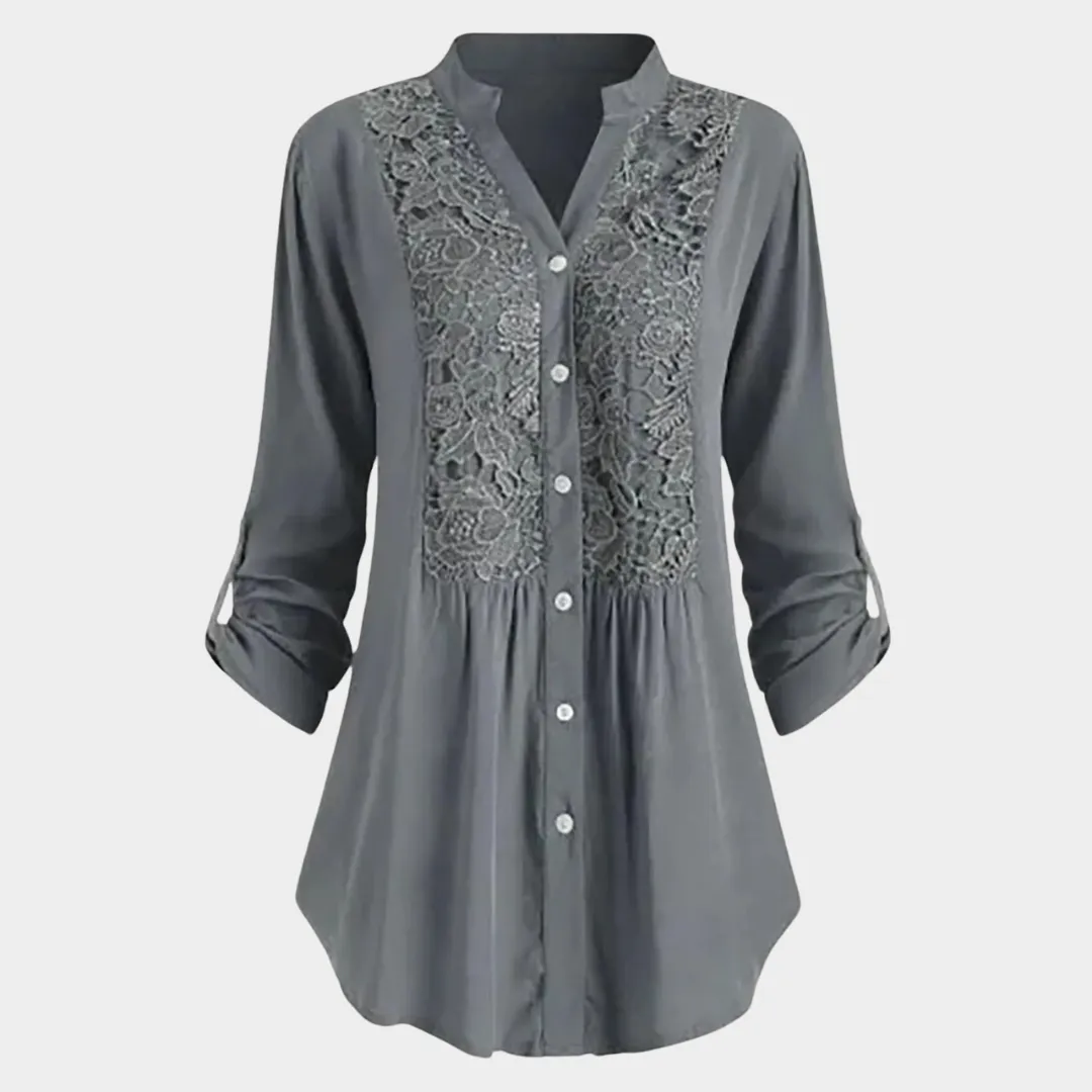 Women's Lace V-Neck Shirt  Loose Fit  Button Down  Long Sleeve Blouse  Elegant Casual Wear  Multiple Colours