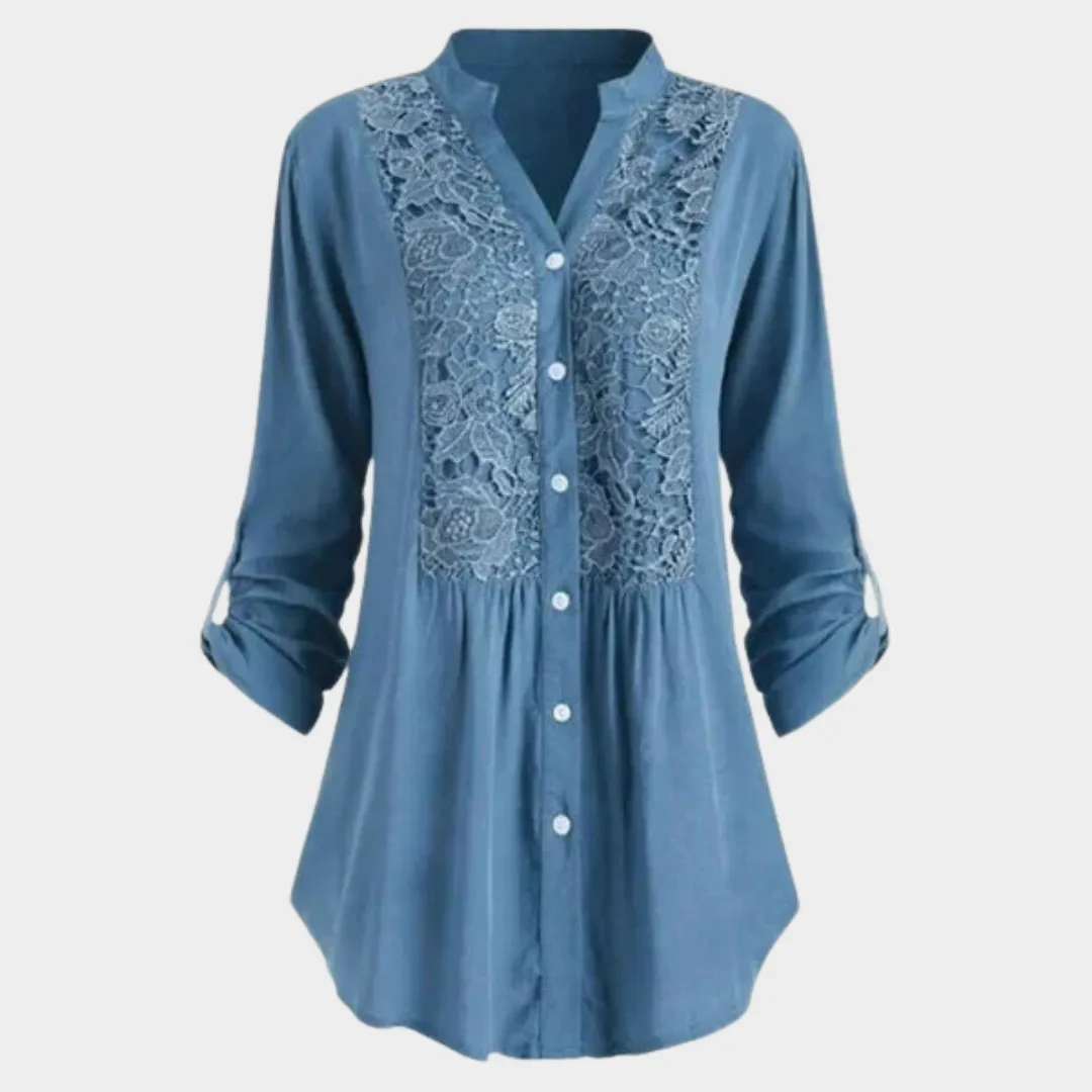 Women's Lace V-Neck Shirt  Loose Fit  Button Down  Long Sleeve Blouse  Elegant Casual Wear  Multiple Colours