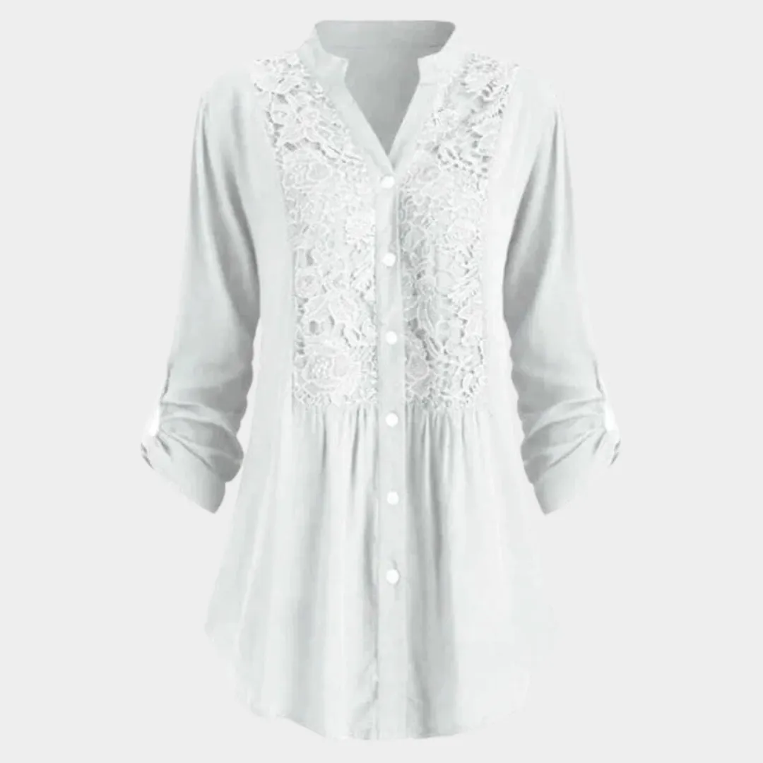 Women's Lace V-Neck Shirt  Loose Fit  Button Down  Long Sleeve Blouse  Elegant Casual Wear  Multiple Colours